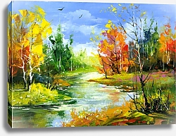 Постер Осенний пейзаж с рекой в лесу