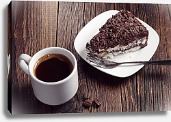 Постер Кусок шоколадного торта и кофе на деревянном столе