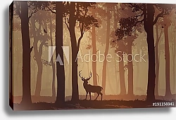 Постер Лиственный лес с птицами и оленями