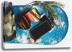 Постер Лыжные очки и смартфоны на сноуборде с еловыми ветками