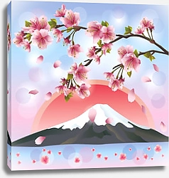 Постер Японский пейзаж с горами и сакурой
