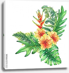 Постер Букет с желто-красными цветами гибискуса и тропическими растениями