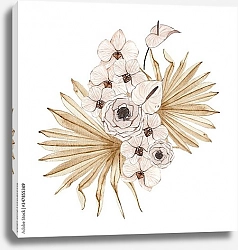 Постер Летний тропический букет с цветами каллы, розами, орхидеями и сушеными  пальмовыми листьями