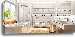 Постер Большая светлая ванная комната в белой плитке