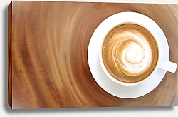 Постер Top view of hot coffee cappuccino on wood table