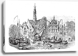 Постер Grain market and Saint-Bavochurch docks, in Haarlem,  Netherlands vintage engraving.