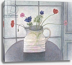 Постер Эдиналл Рут (совр) Anemones and Poppies, 2008 jug; flowers; still life; inetrior; window; table; white jug;