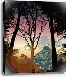 Постер Силуэты деревьев  на фоне гор