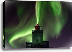 Постер Исландия, северное сияние над маяком