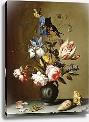 Постер Аст Балтазар Irises, roses, columbine, hyacinth and a tulip in a black pottery pitcher, with seashells and a grasshopper on a stone ledge