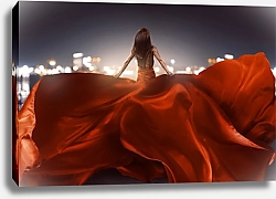 Постер Женщина в красном вечернем платье с длинным шлейфом