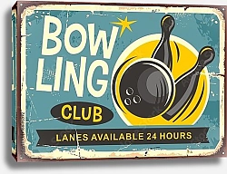 Постер Боулинг-клуб, ретро-вывеска с шаром для боулинга и кеглями