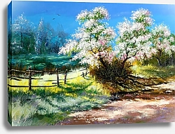 Постер Цветущий куст на сельской окраине