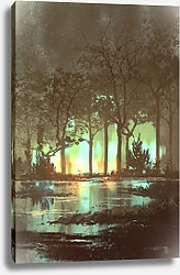Постер Таинственный темный лес с мистическим светом