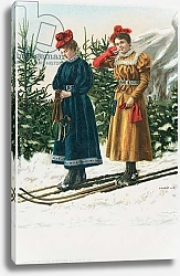 Постер Школа: Английская 20в. Two women on skis as they ski down a snowy landscape