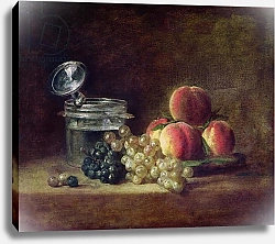 Постер Шарден Жан-Батист Still Life with a Basket of Peaches, White and Black Grapes with Cooler and Wineglass, c.1759