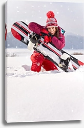 Постер Девушка со сноубордом на снегу