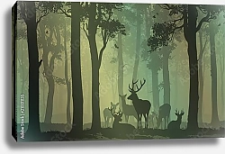 Постер Силуэты оленей в зеленом лесу