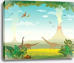 Постер Доисторический пейзаж с вулканами и динозаврами