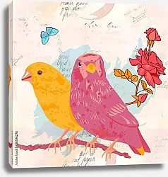 Постер Винтажная открытка с птицами, розами и бабочкой