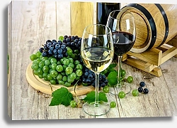 Постер Бокалы с красным и белым вино и виноград