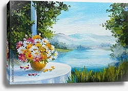 Постер Букет цветов на столике с видом на море