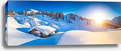 Постер Швейцария. Зимняя панорама с альпийским коттеджем