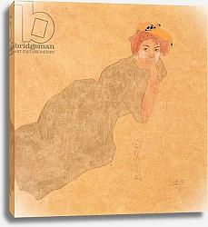 Постер Шиле Эгон (Egon Schiele) Girl in Olive Coloured Dress with Propped Arm; Frau in Olivefarbenem Kleid mit Aufgestutzem Arm, 1908