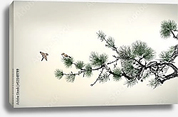 Постер Хвойная ветка с маленькими птичками