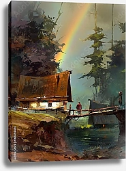 Постер Пейзаж с радугой над домом