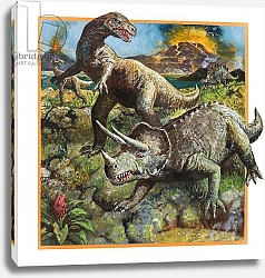 Постер Школа: Английская 20в. Dinosaurs with volcano