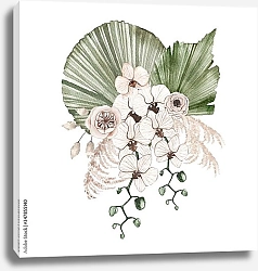 Постер Летний тропический букет с розами, орхидеями и сушеными пальмовыми листьями