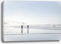Постер Силуэты двух человек, несущих доски для серфинга над головами на мокром пляже
