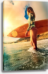Постер Девушка - сёрфер на берегу океана