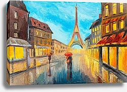 Постер Мокрая французская улочка с влюбленной парой под зонтом