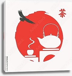 Постер Черный орел и белый силуэт чайной церемонии в красном декоративном солнце