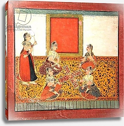 Постер Школа: Индийская 18в Women playing Parcheesi, seated on a yellow patterned floor spread, c.1725
