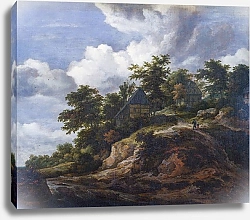 Постер Рейсдал Якоб Горный холм с тремя домами, и потоком под ним
