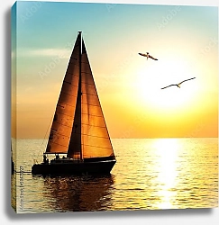 Постер Яхта на фоне заката и две чайки