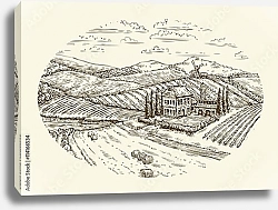 Постер Эскиз пейзажа с виноградниками и фермой