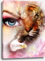 Постер Орел, тигр и глаза женщины на абстрактном фоне