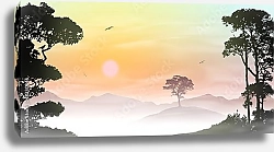 Постер Туманный пейзаж с соснами на  рассвете