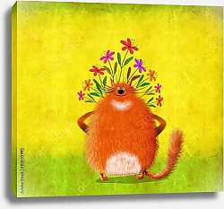 Постер Сикорский Андрей (совр) Оранжевый улыбающийся кот с букетом цветов за спиной