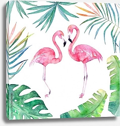 Постер Два розовых фламинго в пальмовых листьях