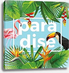 Постер Райский тукан и фламинго в тропических листьях