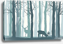 Постер Туманный лес с силуэтами оленей