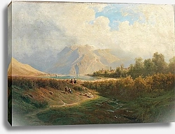 Постер Upper Italian Town on a Lakeshore with Herd of Sheep and Shepherd in the foreground