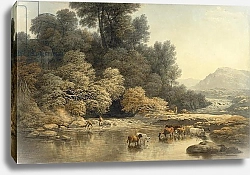 Постер Гловер Джон Hilly landscape with River and Cattle, c.1810