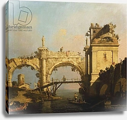 Постер Каналетто (Giovanni Antonio Canal) A Capriccio of a ruined Renaissance Arcade and Pavillion by a Waterway crossed by a wooden Footbridge, an Oriental in an exotically decorated boat in the foreground,