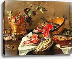 Постер Икенс Франс Still life with fruit in a copper vessel, fish and game